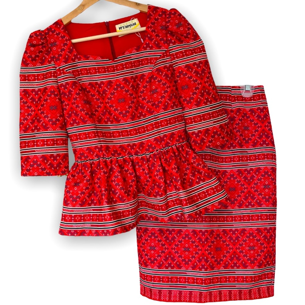 Retro Printed Woven Textured Sweetheart Peplum Top and Skirt Set